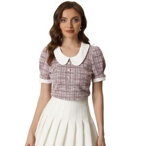Tweed Top Button Decor Peter Pan Collar Blouse Pink Grey